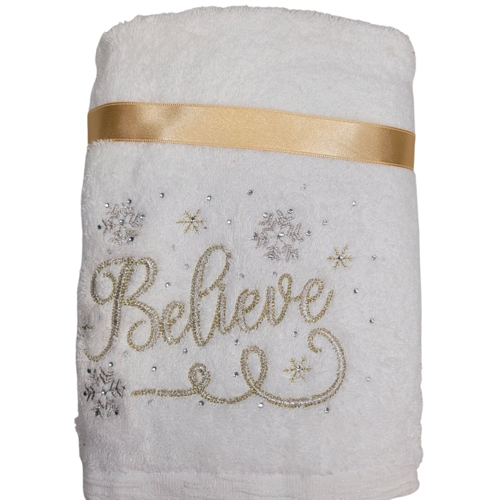 2 Believe‎ White Hand Towel Embroidered Snowflake Rhinestone Gold Ribbon Holiday